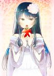 :o apple bare_shoulders blue_hair character_request crossdressinging dress eyeshadow flower food fruit grey_eyes hair_flower hair_ornament hairclip holding holding_apple holding_fruit kl lipstick long_hair makeup male nezumi_(no.6) no.6 open_mouth solo trap 