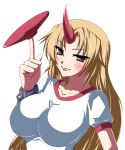  blonde_hair breasts horn hoshiguma_yuugi impossible_clothes impossible_shirt large_breasts long_hair red_eyes s_tanly saucer shackle solo touhou 