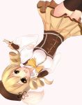  beret blonde_hair bow drill_hair fingerless_gloves gloves hair_ornament hat mahou_shoujo_madoka_magica rods skirt smile solo thighhighs tomoe_mami twin_drills upside-down yellow_eyes 