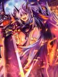  altea armor barefoot breasts edobox embers full_moon horns moon navel open_mouth pixiv_fantasia pixiv_fantasia_wizard_and_knight pointy_ears purple_hair red_eyes single_eye smile solo sword weapon 