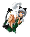  animal_ears bell blue_eyes bow bowtie cat_ears cat_tail fake_animal_ears floating frills hairband highres hitodama kemonomimi_mode konpaku_youmu konpaku_youmu_(ghost) legs_up mary_janes nsio paw_pose ribbon shoes short_hair silver_hair simple_background skirt solo tail tail_bell tail_ribbon touhou vest white_background 