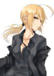  ahoge blonde_hair breasts cleavage dress_shirt fate/stay_night fate/zero fate_(series) green_eyes jonasan necktie open_clothes open_shirt ponytail saber shirt simple_background solo unbuttoned 