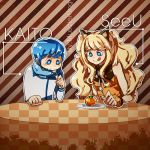  animal_ears blonde_hair blue_eyes blue_hair bracelet character_name eating food fruit jewelry kaito long_hair muscle_king persimmon seeu smile spoon tongue vocaloid 