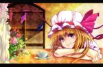  argyle argyle_background blonde_hair bow crossed_arms cup curtains flandre_scarlet flower flower_pot hat hat_bow hat_ribbon head_rest letterboxed looking_at_viewer pink_rose purple_eyes ribbon rose saucer short_hair smile solo table teacup the_embodiment_of_scarlet_devil touhou velia window wings 