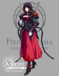  black_hair boots breasts dress earrings gloves jewelry knight kyata long_hair pauldron pauldrons pixiv_fantasia pixiv_fantasia_wizard_and_knight red_eyes solo whip_sword 
