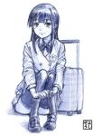  blue leg_hug light_smile long_hair monochrome school_uniform signature simple_background sitting solo suitcase thighhighs working!! yamada_aoi yoshikawa_kazunori 