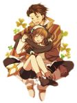  ^_^ alvin_(tales_of_xillia) ayamisiro bike_shorts black_gloves boots bow brown_eyes brown_hair closed_eyes clover cravat eyes_closed flower gloves hair_flower hair_ornament hair_ribbon hairband leia_roland open_mouth pants ribbon shoes short_hair sitting sitting_on_lap sitting_on_person tales_of_(series) tales_of_xillia 