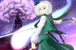  bob_cut cherry_blossoms dress dual_wielding flower grey_hair hair_ribbon hitodama iwako katana konpaku_youmu konpaku_youmu_(ghost) petals ribbon scarf short_hair solo sword tanto touhou tree vest weapon white_hair yellow_eyes 