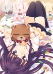  badge bed bed_sheet black_legwear blush button_badge candy collarbone daisy_(working!!) inato_serere jelly_bean looking_at_viewer lying object_hug purple_eyes purple_hair skirt smile solo stuffed_animal stuffed_toy teddy_bear thigh-highs thighhighs uniform upside-down violet_eyes working!! yamada_aoi 