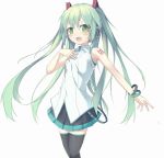  blush bracelet green_eyes green_hair hand_on_own_chest hand_to_chest hatsune_miku jewelry long_hair open_mouth simple_background skirt solo sutorora thigh-highs thighhighs very_long_hair vocaloid 