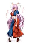  animal_ears blue_dress blush breast_lift breasts bunny_ears cosplay dress drunk highres k2isu long_hair multicolored_dress pink_hair red_dress red_eyes reisen_udongein_inaba solo standing touhou translated translation_request very_long_hair yagokoro_eirin yagokoro_eirin_(cosplay) 
