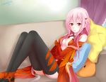 absurdres black_legwear blush breasts center_opening cleavage couch elbow_gloves fingerless_gloves gloves guilty_crown hair_ornament hairclip highres long_hair orange_eyes pillow pink_hair qiuzhi_huiyi sitting solo thighhighs yuzuriha_inori 