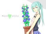  apron aqua_hair blush camisole erise flower flower_pot grey_eyes hatsune_miku highres long_hair looking_at_viewer morning_glory open_mouth skirt solo twintails vocaloid wallpaper 