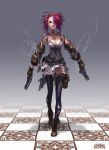  anima_beyond_fantasy belt black_legwear boots breasts cleavage corset detached_sleeves dual_wielding earrings gloves gradient_hair gun hair_over_one_eye highres holster jewelry kira_(anima) multicolored_hair pouch purple_eyes sexy skirt smoke solo spiked_hair tattoo thigh-highs thighhighs torn_clothes weapon wen-m 