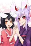  animal_ears black_hair bunny_ears hands_clasped highres inaba_tewi interlocked_fingers japanese_clothes kimono multiple_girls purple_hair red_eyes reisen_udongein_inaba touhou yami_nabe 