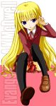  blue_eyes character_name covering covering_crotch evangeline_a_k_mcdowell kiiro long_hair mahou_sensei_negima! mary_janes school_uniform shoes solo thigh-highs thighhighs 
