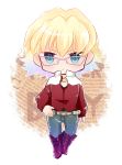  bad_id barnaby_brooks_jr belt blonde_hair blue_eyes blue_hair boots chibi glasses gradient_hair jacket jewelry male multicolored_hair necklace oomori_(kswmr) red_jacket solo studded_belt tiger_&amp;_bunny 
