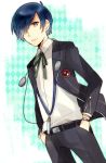  arisato_minato blue_eyes blue_hair bow digital_media_player headphones male mentaishi persona persona_3 ribbon school_uniform solo 