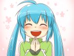  :d ahoge aqua_hair blush closed_eyes eyes_closed hands_together happy hatsune_miku nekomura_otako open_mouth smile solo track_suit twintails vocaloid 