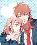  blazer blush headphones heart hug ittoki_otoya male nanami_haruka necktie pink_hair red_eyes red_hair redhead school_uniform short_hair smile uta_no_prince-sama yellow_eyes yuzumame 