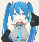  aqua_eyes aqua_hair bad_id bare_shoulders breasts detached_sleeves erubo hand_on_head hatsune_miku large_breasts necktie open_mouth solo twintails vocaloid 