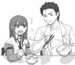  bowl chopsticks eating facial_hair food jacket labcoat makise_kurisu monochrome necktie okabe_rintarou open_mouth steins;gate stubble youne 