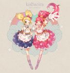  2girls aidumi aikatsu! blonde_hair blue_eyes blush bow detached_collar detached_sleeves dress gloves hair_bow heart holding_hands jewelry legs_up long_hair looking_at_viewer multiple_girls ok_sign one_eye_closed open_mouth orange_eyes otoshiro_seira outstretched_arm pink_hair polka_dot polka_dot_dress ponytail puffy_detached_sleeves puffy_sleeves reaching saegusa_kii standing_on_one_leg strapless_dress twintails wavy_hair 