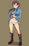  blush boots breasts briefs brown_hair em knee_boots long_hair navel no_pants orange_eyes panties ponytail simple_background solo standing strike_witches underwear 