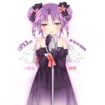  bare_shoulders bow bustier hair_bow manle microphone microphone_stand original purple_hair red_eyes short_hair solo wings 