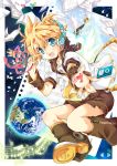  96mame :d aqua_eyes bird blonde_hair crown happy headphones kagamine_len leg_warmers male musical_note open_mouth outstretched_hand paper planet ribbon sailor_collar shorts smile solo star vocaloid wings 