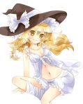  arm_support babydoll blonde_hair bloomers braid collarbone face front-tie_top hat kirisame_marisa lingerie looking_at_viewer loose_thighhigh midriff navel shiny shiny_hair simple_background sitting smile solo toraharu touhou underwear underwear_only white_legwear witch witch_hat yellow_eyes 