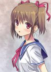  brown_hair bust face hair_ribbon highres looking_at_viewer matsui_hiroaki open_mouth original red_eyes ribbon school_uniform short_hair short_twintails solo twintails 