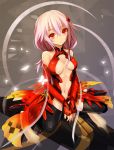  black_legwear breasts center_opening cleavage elbow_gloves fingerless_gloves gloves guilty_crown hair_ornament hairclip looking_at_viewer navel pink_hair red_eyes sitting solo thigh-highs thighhighs wariza yato yuzuriha_inori 