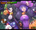  1boy 1girl 2011 alternate_color bangs blunt_bangs bob_cut bracelet breasts broom candy cape chandelure cleavage cleavage_cutout collar costume dress elbow_gloves fangs fork gastly giima_(pokemon) gloves halloween happy_halloween hat heart heart_cleavage_cutout heart_cutout holding jack-o&#039;-lantern jewelry large_breasts letterboxed litwick not_shiny_pokemon open_mouth poke_ball pokemon pokemon_(creature) pokemon_(game) pokemon_black_and_white pokemon_bw pumpkin puro_tarou purple_hair rimless_glasses sableye shikimi_(pokemon) short_hair skull smile trick_or_treat witch_hat 