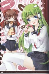  brown_hair contemporary doughnut frog green_hair hair_ornament hair_tubes hakurei_reimu highres kochiya_sanae miyase_mahiro multiple_girls necktie ribbon school_uniform serafuku skirt smile snake thighhighs touhou 