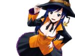  1girl blue_hair breasts cleavage dream_c_club dream_c_club_zero female halloween hand_on_hat hand_on_hip hands hat highres large_breasts no_bra open_mouth reika_(dream_c_club) simple_background smile solo star tachibana_midori witch_hat 