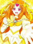  :d bow brooch choker circlet cure_muse cure_muse_(yellow) hair_ribbon happy heart jewelry long_hair magical_girl musical_note open_mouth orange_hair outstretched_hand pink_eyes precure ribbon shirabe_ako smile solo suite_precure tashigai yellow 