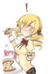  blonde_hair blush breasts caught charlotte_(madoka_magica) cheese drill_hair eating food hair_ornament kurakumo_nue looking_at_viewer mahou_shoujo_madoka_magica pizza plaid plaid_skirt school_uniform skirt tomoe_mami yellow_eyes 