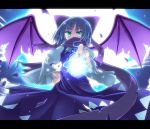  alternate_element alternate_wings bad_id bat_wings blue_dress blue_eyes blue_hair blush bow cirno dress fujisaki_kaon hair_bow hand_on_hip hips moon perfect_cherry_blossom purple_dress ribbon scarf short_hair standing touhou wings 