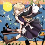  2011 bat blonde_hair boots broom candy chocolate cross crucifix halloween hat hat_removed headwear_removed holding holding_hat jack-o&#039;-lantern jack-o'-lantern kirisame_marisa meet moon pumpkin smile solo star tombstone touhou witch witch_hat yellow_eyes 