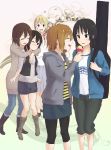  akiyama_mio alternate_hairstyle blush food hand_holding hirasawa_yui holding_hands hug ice_cream k-on! kotobuki_tsumugi leggings multiple_girls nakano_azusa tainaka_ritsu yuri zasshu_tamashii 