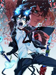  black_hair blonde_hair blue_eyes blue_fire blue_flame fire flame fujimoto_shirou glasses moriyama_shiemi necktie okumura_rin okumura_yukio pointy_ears ryusui school_uniform short_hair striped striped_necktie sword weapon 