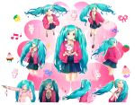  aqua_hair blush bunny cardigan cellphone downcast_eyes floating_hair from_above hands_together hatsune_miku highres kneehighs long_hair looking_up matsuda_suzuri perspective phone rabbit scrunchie skirt twintails various_positions vertical-striped_legwear vertical_stripes very_long_hair vocaloid 
