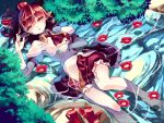  ascot barefoot black_hair bush creek douji flower hat looking_at_viewer lying open_mouth parted_lips pointy_ears red_eyes rock shameimaru_aya shoes short_hair skirt solo tokin_hat touhou water wet wet_clothes 