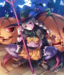  bat blonde_hair braid copyright_request halloween hat long_hair midriff pumpkin pumpkin_hair_ornament rezi smile solo spread_legs squatting staff twin_braids witch_hat 