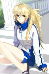  blue_eyes jacket legs long_sleeves lowres odien ponytail sandals shorts solo stairs sword_girls track_jacket zipper 