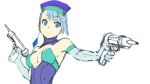  blue_eyes blue_hair blue_rose_(tiger_&amp;_bunny) breasts cleavage dual_wielding earrings elbow_gloves female gloves gun hat highres jewelry karina_lyle metadora short_hair simple_background single_earring sketch solo tiger_&amp;_bunny weapon 