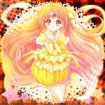  boots bow bubble_skirt circlet cure_muse cure_muse_(yellow) dress earrings hair_ribbon hands_clasped heart isumi jewelry long_hair magical_girl orange_(color) orange_background orange_hair precure red_eyes ribbon shirabe_ako smile solo star suite_precure yellow yellow_dress 