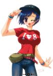  absurdres adjusting_hat bag belt blue_hair blush breasts cap clothed_navel copyright_request dated hat highres impossible_clothes impossible_clothing jeans katagiri_hinata large_breasts pants purple_eyes short_hair signature simple_background smile solo taut_shirt white_background wink wristband 