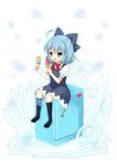  ? bad_id blue_eyes blue_hair cirno food frog frozen hair_ribbon highres ice ice_cream ice_wings mary_janes purin_jiisan ribbon shoes sitting_on_object snowflakes solo touhou wings â‘¨ 